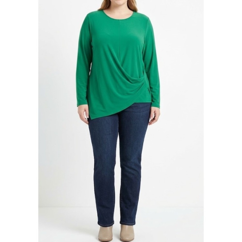 Adrianna Papell Top XL Kelly Green Asymmetrical Draped Stretch Long Sleeve